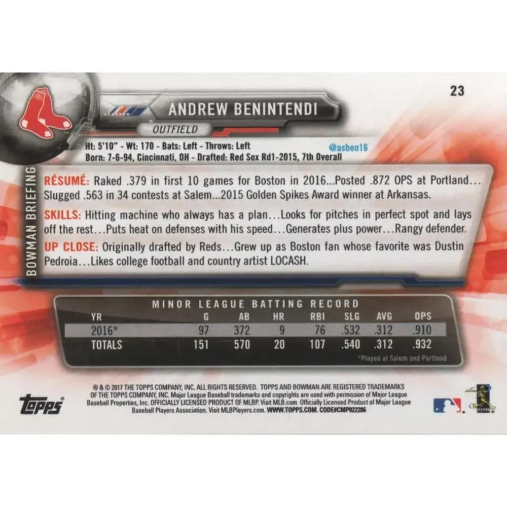 2017 Bowman Andrew BenintendiÂ  RC # 23 Boston Red Sox